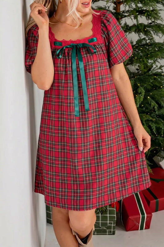 Plaid Square Collar Lace Trim Short Sleeve Shift Mini Dress - Bitsy Gypsy Boutique