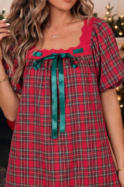 Plaid Square Collar Lace Trim Short Sleeve Shift Mini Dress - Bitsy Gypsy Boutique