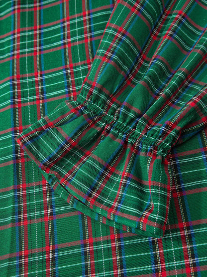 Plaid Square Neck Puff Sleeve Knot Waist Flared Midi Dress - Bitsy Gypsy Boutique