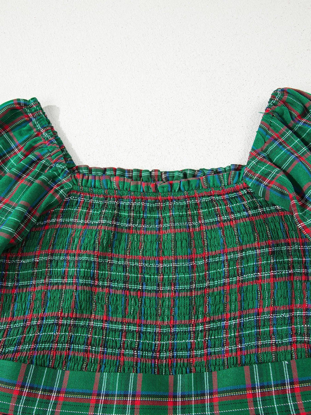 Plaid Square Neck Puff Sleeve Knot Waist Flared Midi Dress - Bitsy Gypsy Boutique