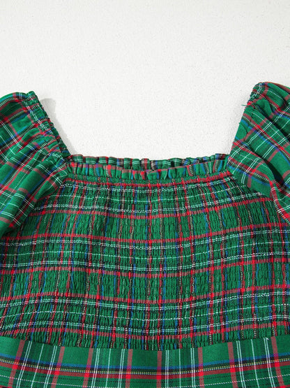 Plaid Square Neck Puff Sleeve Knot Waist Flared Midi Dress - Bitsy Gypsy Boutique