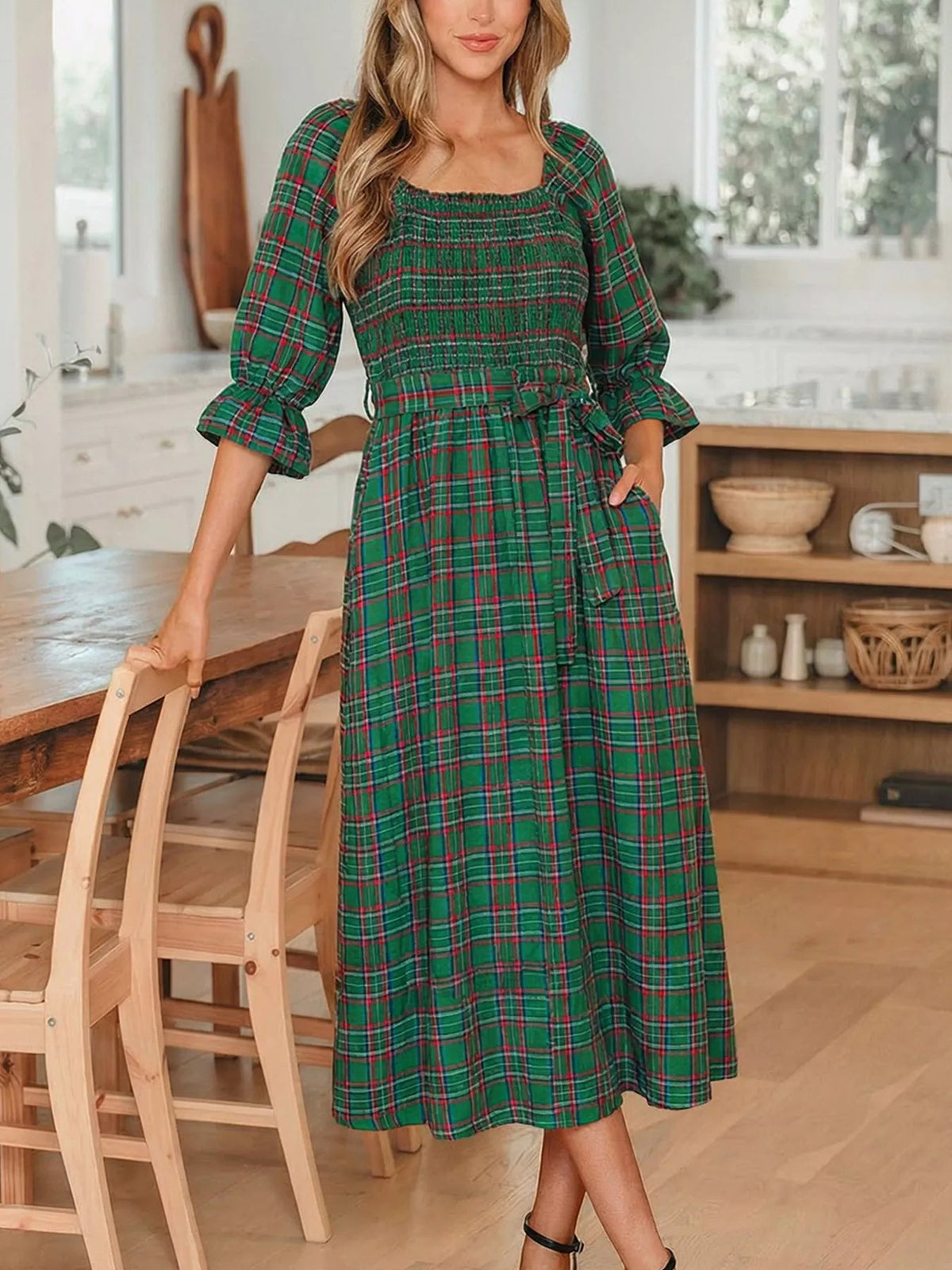 Plaid Square Neck Puff Sleeve Knot Waist Flared Midi Dress - Bitsy Gypsy Boutique