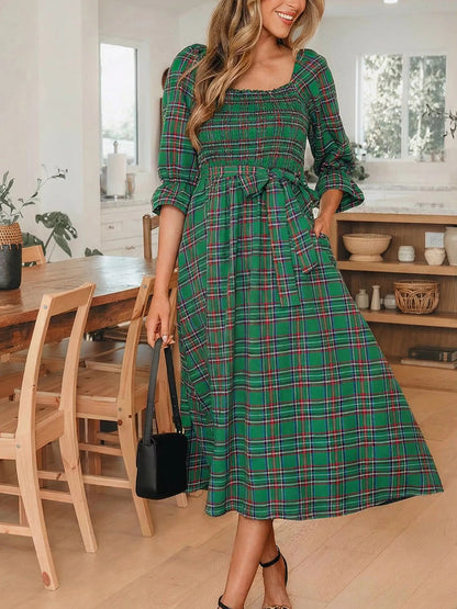 Plaid Square Neck Puff Sleeve Knot Waist Flared Midi Dress - Bitsy Gypsy Boutique