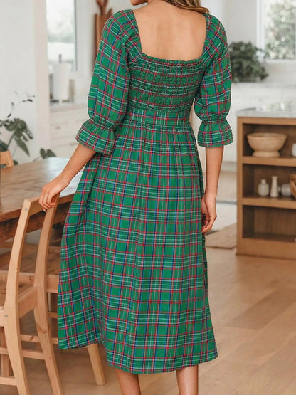 Plaid Square Neck Puff Sleeve Knot Waist Flared Midi Dress - Bitsy Gypsy Boutique