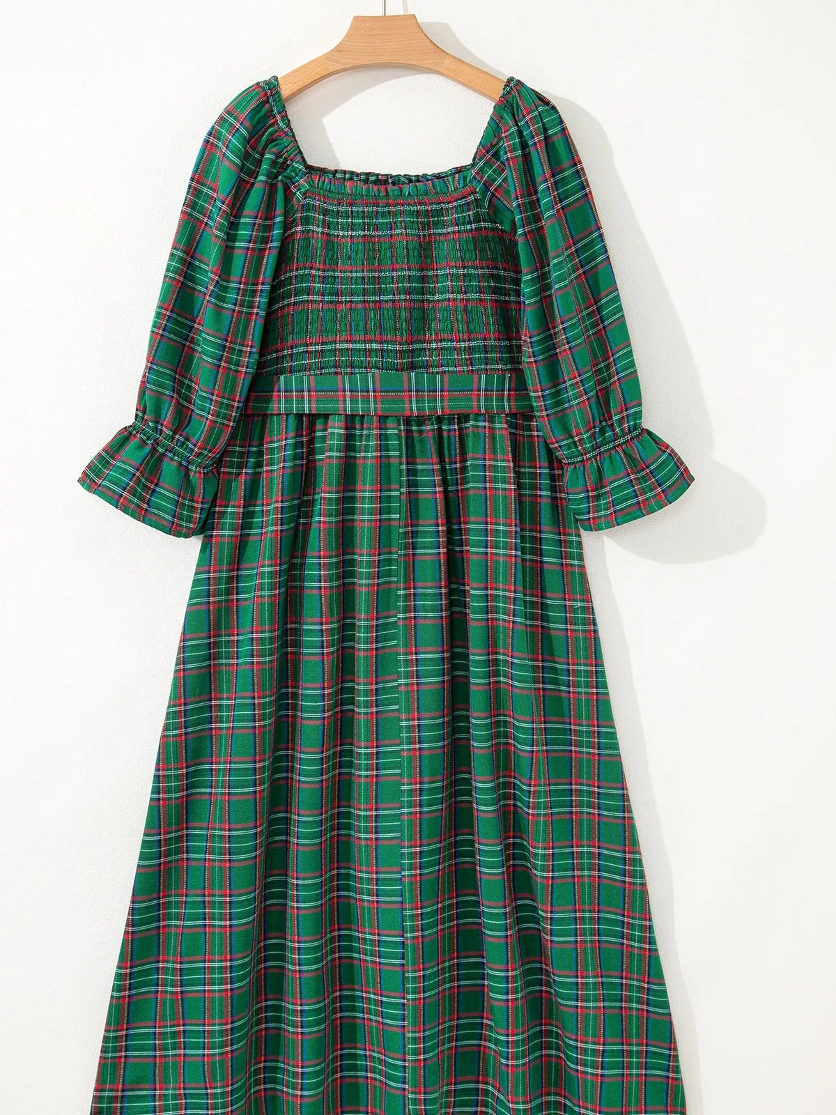 Plaid Square Neck Puff Sleeve Knot Waist Flared Midi Dress - Bitsy Gypsy Boutique