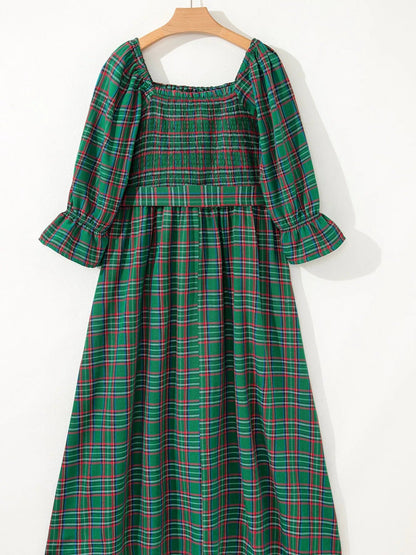 Plaid Square Neck Puff Sleeve Knot Waist Flared Midi Dress - Bitsy Gypsy Boutique