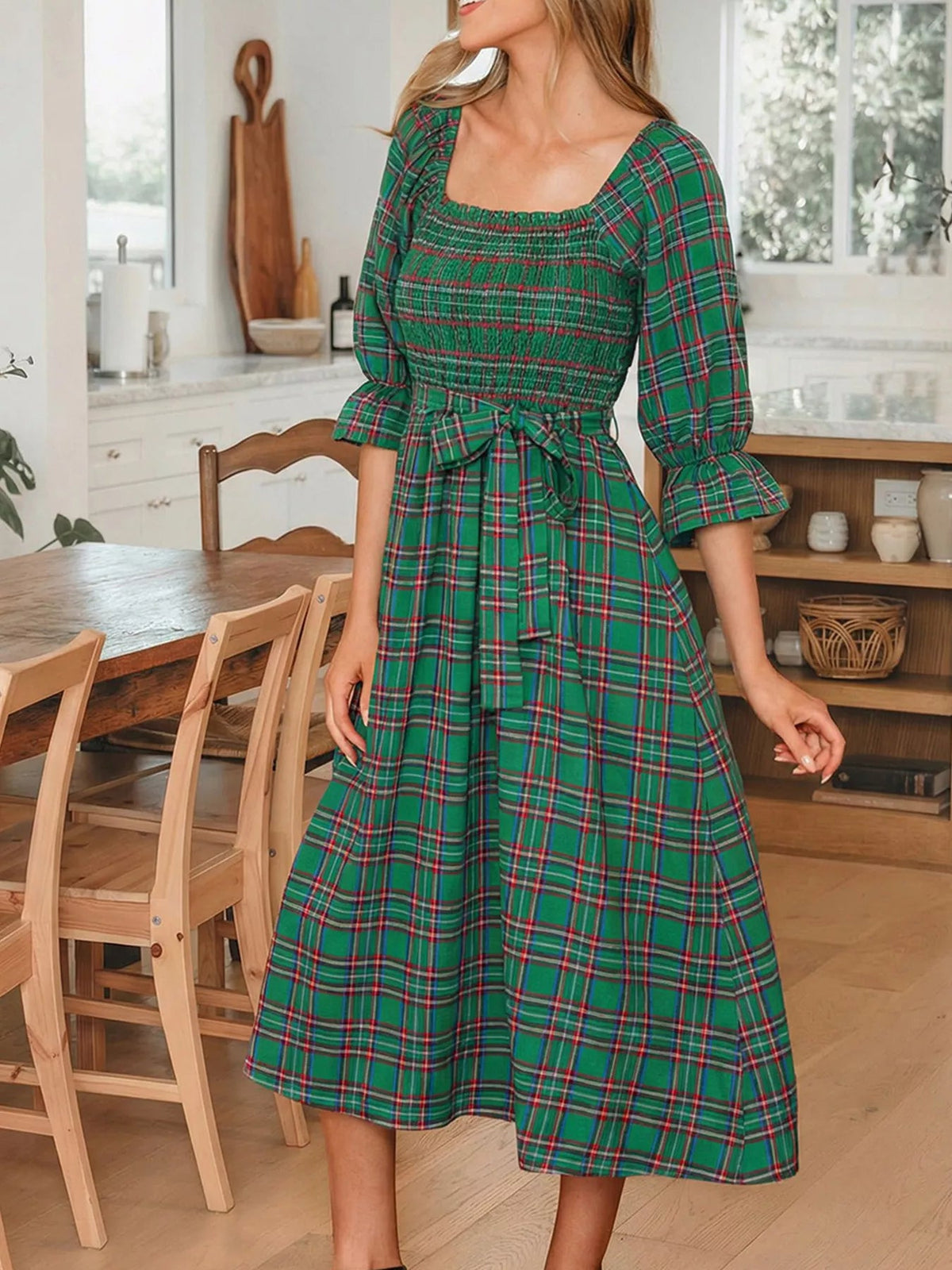 Plaid Square Neck Puff Sleeve Knot Waist Flared Midi Dress - Bitsy Gypsy Boutique