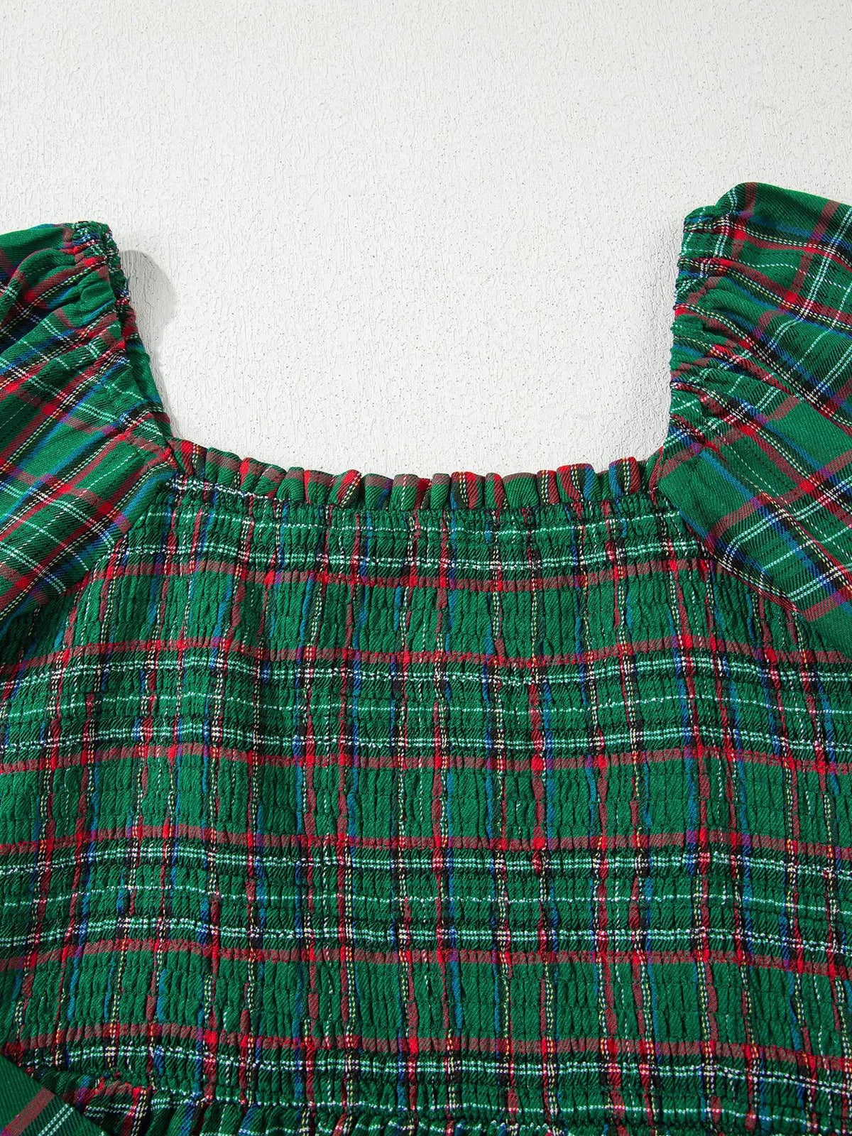 Plaid Square Neck Puff Sleeve Knot Waist Flared Midi Dress - Bitsy Gypsy Boutique