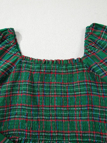 Plaid Square Neck Puff Sleeve Knot Waist Flared Midi Dress - Bitsy Gypsy Boutique