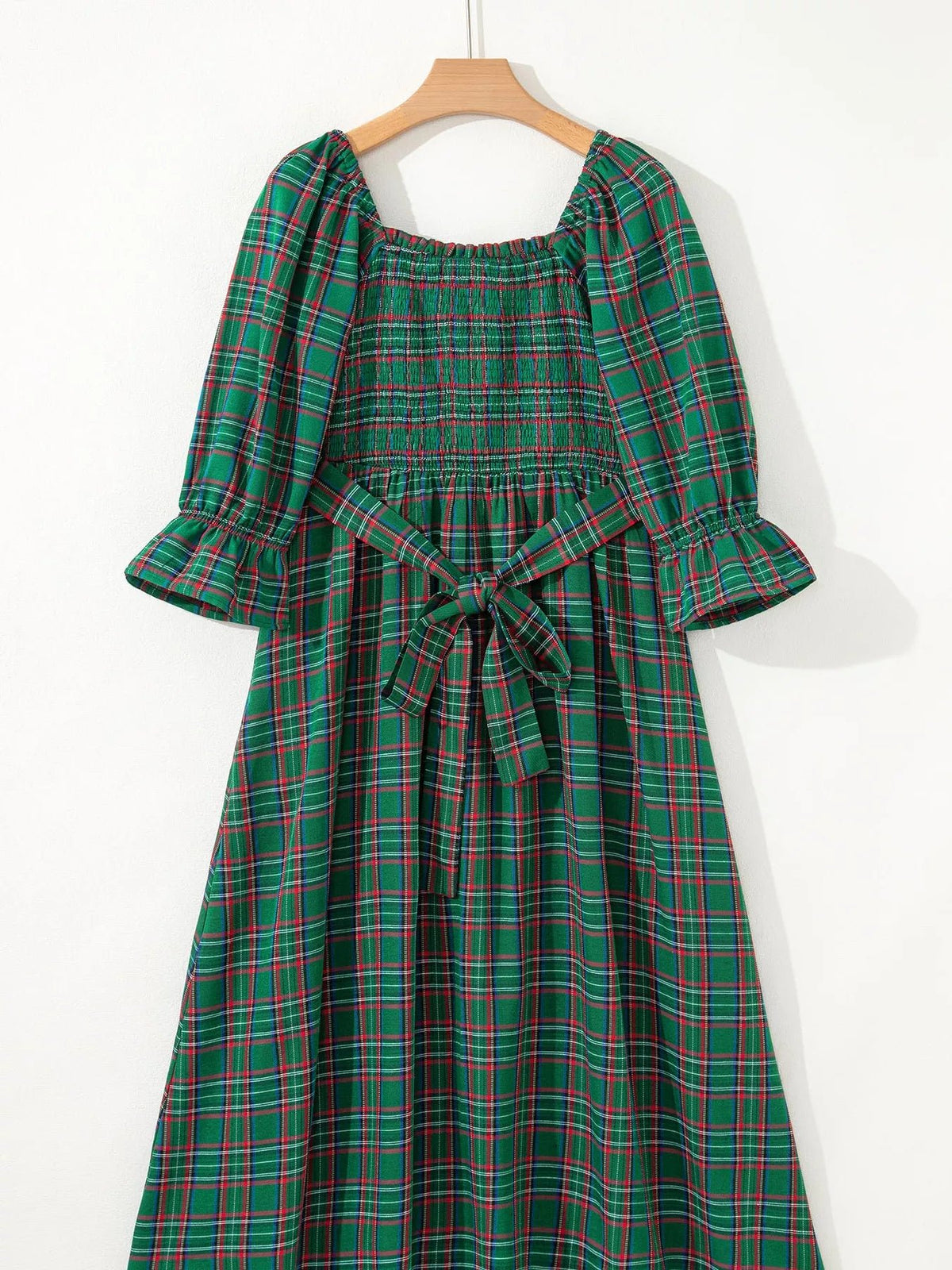 Plaid Square Neck Puff Sleeve Knot Waist Flared Midi Dress - Bitsy Gypsy Boutique