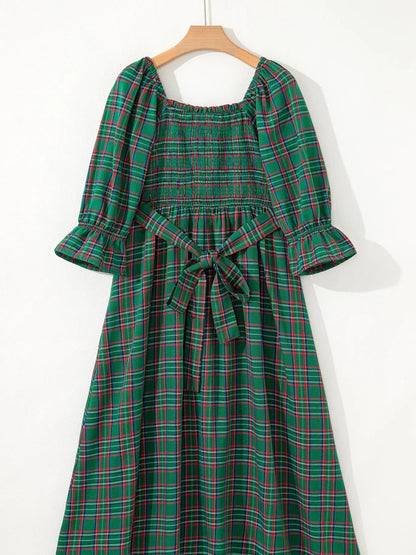 Plaid Square Neck Puff Sleeve Knot Waist Flared Midi Dress - Bitsy Gypsy Boutique