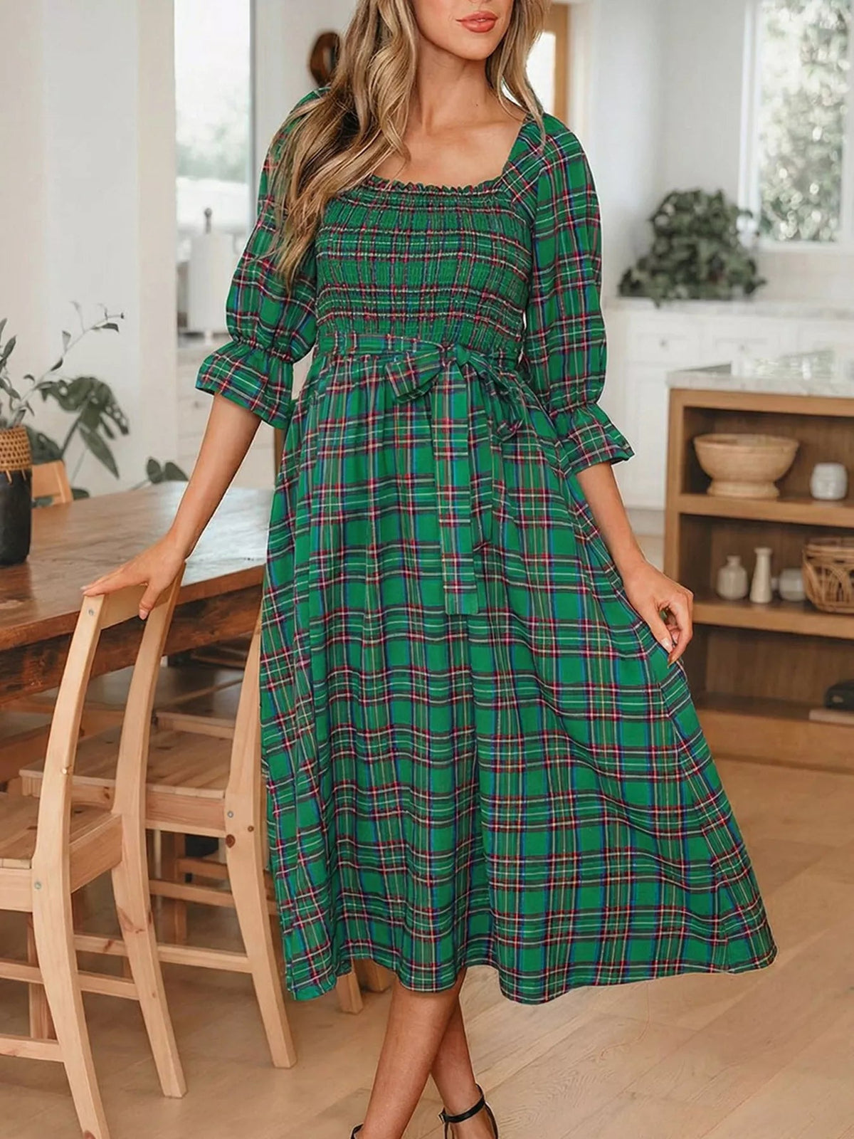 Plaid Square Neck Puff Sleeve Knot Waist Flared Midi Dress - Bitsy Gypsy Boutique