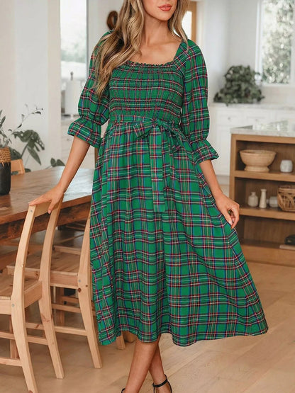 Plaid Square Neck Puff Sleeve Knot Waist Flared Midi Dress - Bitsy Gypsy Boutique