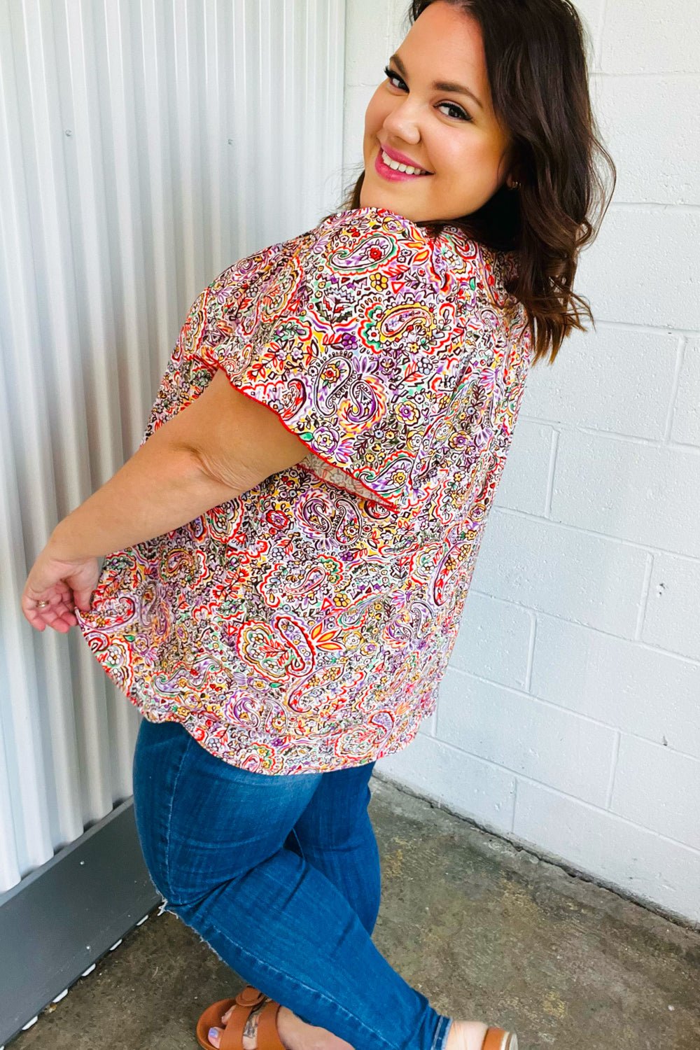 Plum Multicolor Boho Paisley Tie Neck Dolman Top - Bitsy Gypsy Boutique