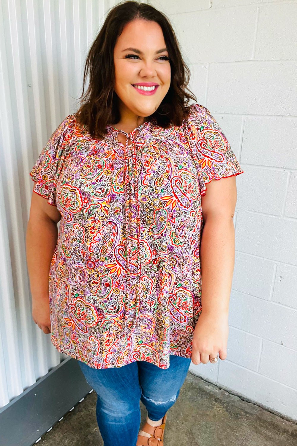 Plum Multicolor Boho Paisley Tie Neck Dolman Top - Bitsy Gypsy Boutique