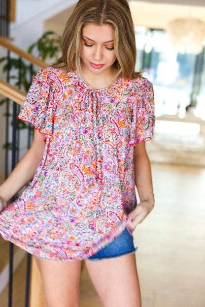 Plum Multicolor Boho Paisley Tie Neck Dolman Top - Bitsy Gypsy Boutique