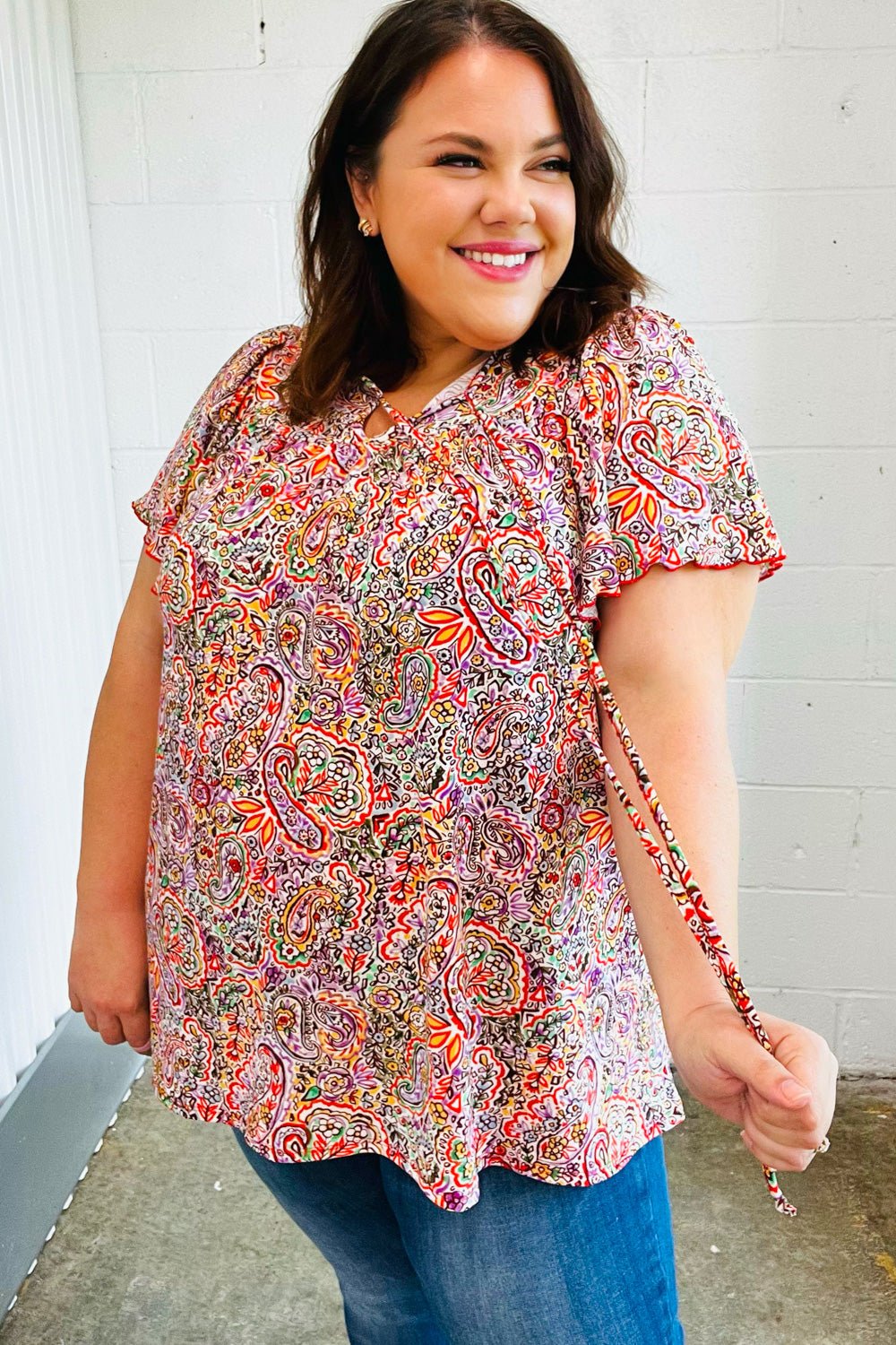 Plum Multicolor Boho Paisley Tie Neck Dolman Top - Bitsy Gypsy Boutique
