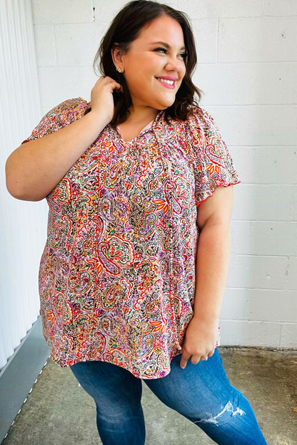 Plum Multicolor Boho Paisley Tie Neck Dolman Top - Bitsy Gypsy Boutique
