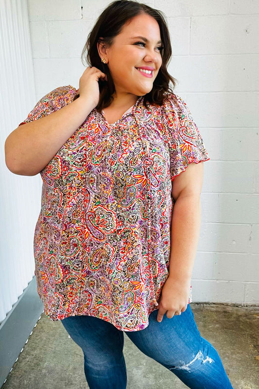 Plum Multicolor Boho Paisley Tie Neck Dolman Top - Bitsy Gypsy Boutique