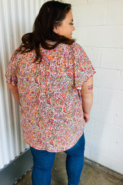 Plum Multicolor Boho Paisley Tie Neck Dolman Top - Bitsy Gypsy Boutique