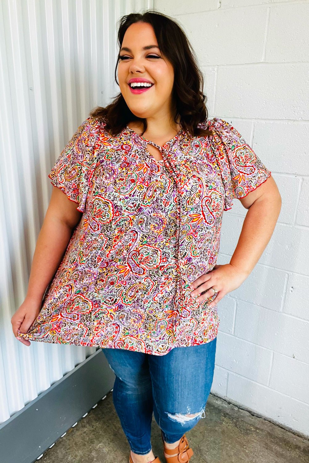Plum Multicolor Boho Paisley Tie Neck Dolman Top - Bitsy Gypsy Boutique