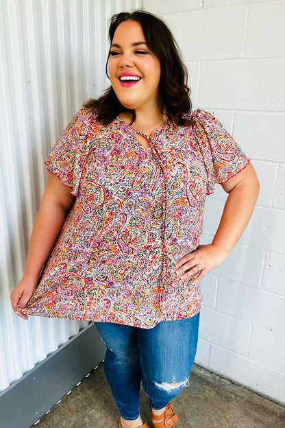 Plum Multicolor Boho Paisley Tie Neck Dolman Top - Bitsy Gypsy Boutique
