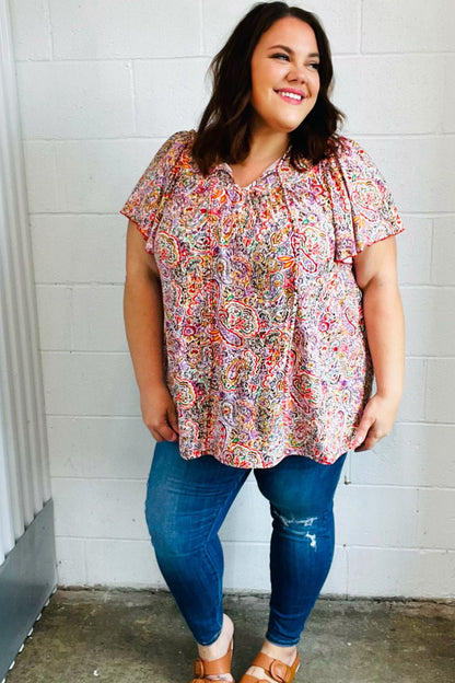 Plum Multicolor Boho Paisley Tie Neck Dolman Top - Bitsy Gypsy Boutique