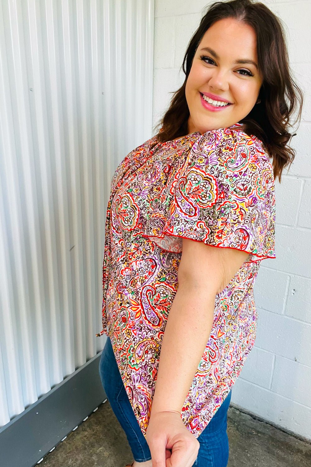 Plum Multicolor Boho Paisley Tie Neck Dolman Top - Bitsy Gypsy Boutique
