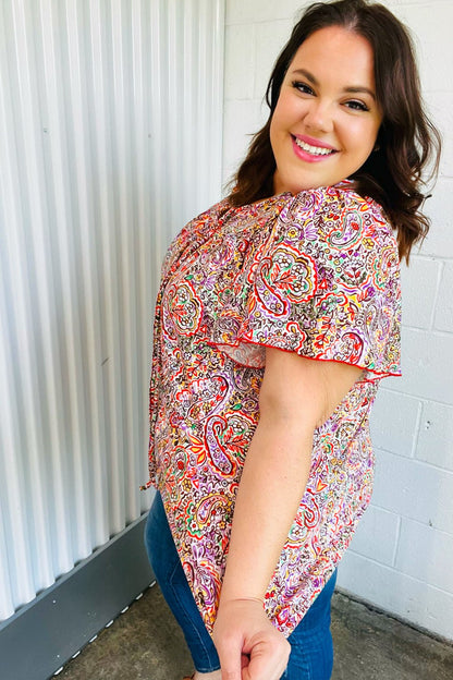Plum Multicolor Boho Paisley Tie Neck Dolman Top - Bitsy Gypsy Boutique