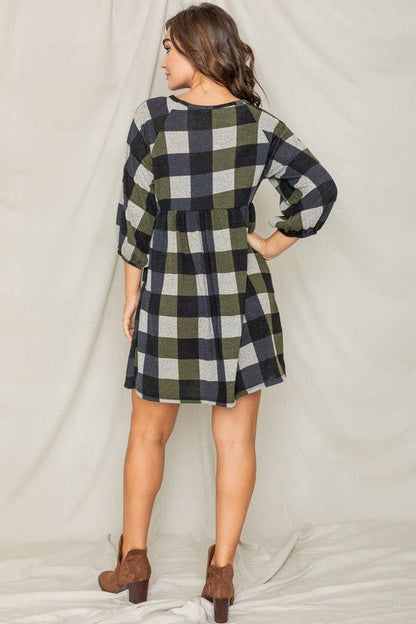 Plus Checker Balloon Sleeve Midi Dress - Bitsy Gypsy Boutique