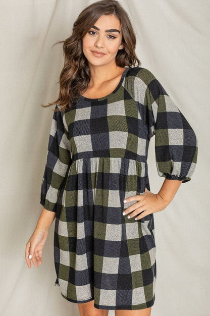 Plus Checker Balloon Sleeve Midi Dress - Bitsy Gypsy Boutique