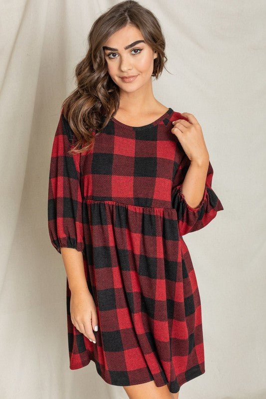 Plus Checker Balloon Sleeve Midi Dress - Bitsy Gypsy Boutique