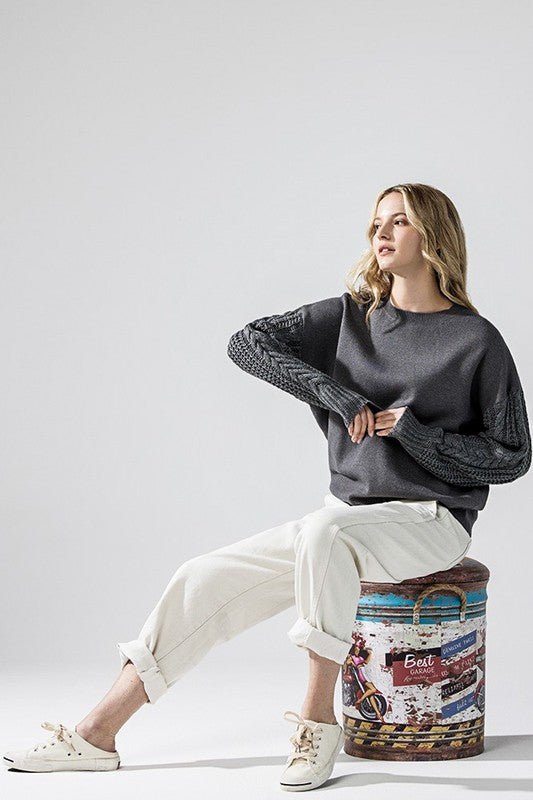 Plus Cozy Solid Body Contrast Cable Knit Sweater - Bitsy Gypsy Boutique