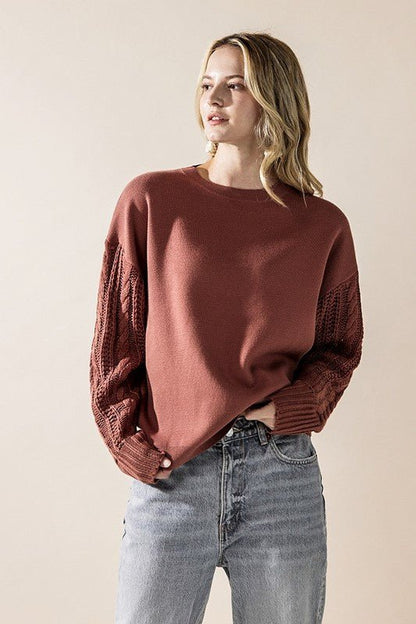 Plus Cozy Solid Body Contrast Cable Knit Sweater - Bitsy Gypsy Boutique