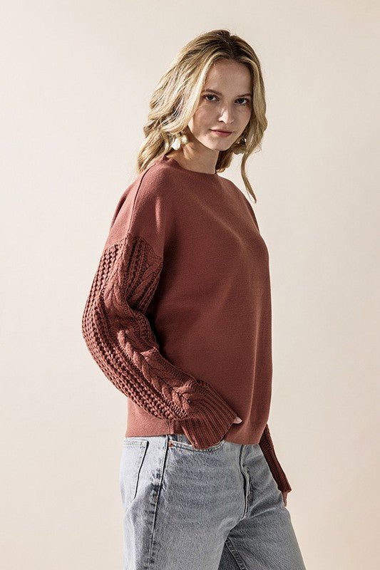 Plus Cozy Solid Body Contrast Cable Knit Sweater - Bitsy Gypsy Boutique