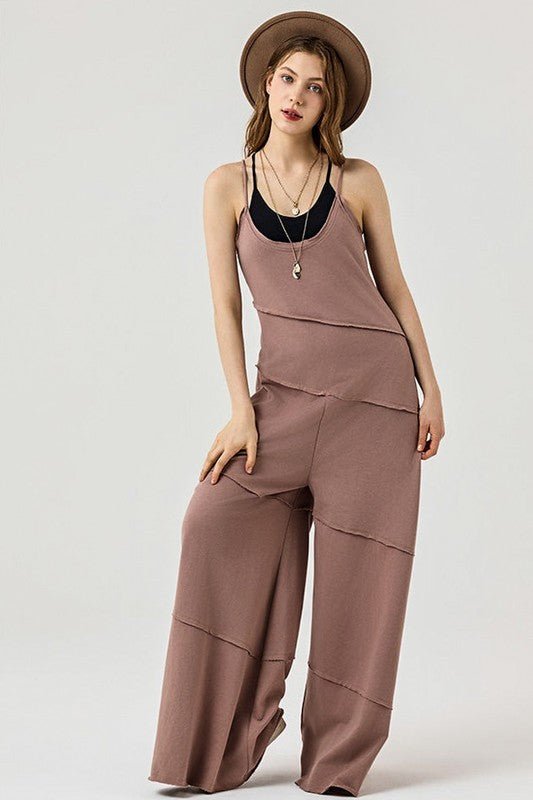 Plus Keyhole back Wide Leg Raw Edge Jumpsuit - Bitsy Gypsy Boutique