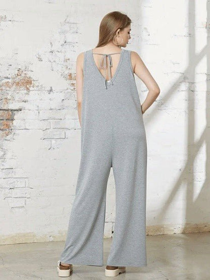 Plus Oversized Patched Pocket V - Neck Jumpsuit - Bitsy Gypsy Boutique