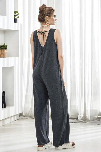 Plus Oversized Patched Pocket V - Neck Jumpsuit - Bitsy Gypsy Boutique