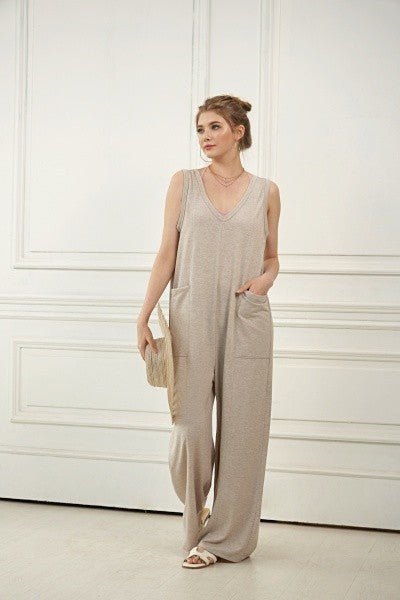 Plus Oversized Patched Pocket V - Neck Jumpsuit - Bitsy Gypsy Boutique