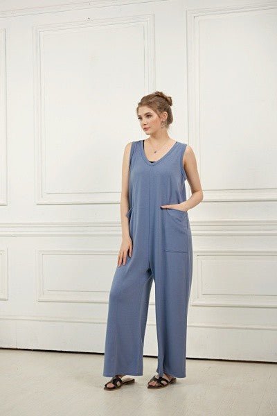Plus Oversized Patched Pocket V - Neck Jumpsuit - Bitsy Gypsy Boutique