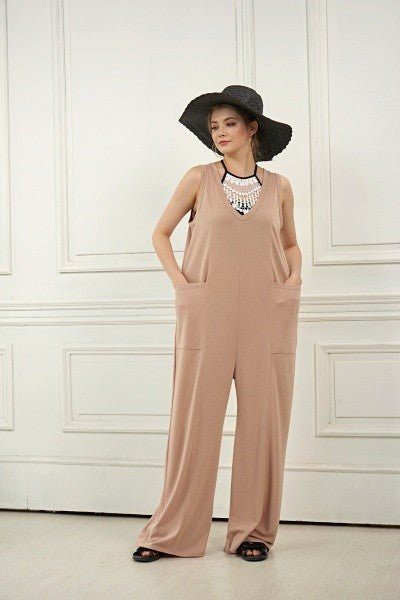 Plus Oversized Patched Pocket V - Neck Jumpsuit - Bitsy Gypsy Boutique