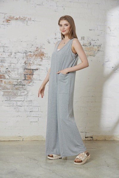 Plus Oversized Patched Pocket V - Neck Jumpsuit - Bitsy Gypsy Boutique