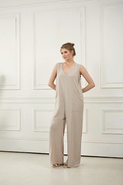 Plus Oversized Patched Pocket V - Neck Jumpsuit - Bitsy Gypsy Boutique