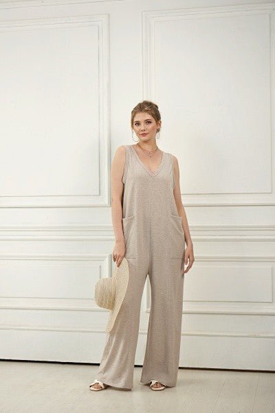 Plus Oversized Patched Pocket V - Neck Jumpsuit - Bitsy Gypsy Boutique