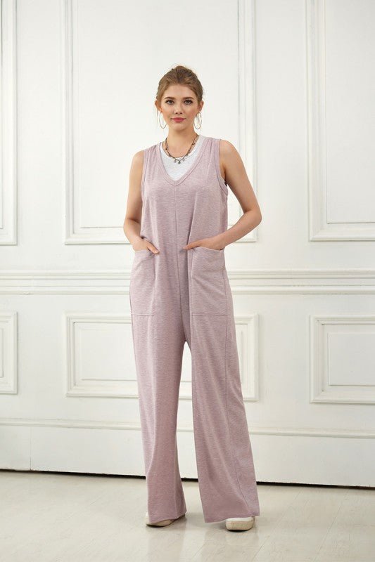 Plus Oversized Patched Pocket V - Neck Jumpsuit - Bitsy Gypsy Boutique