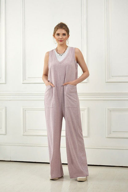 Plus Oversized Patched Pocket V - Neck Jumpsuit - Bitsy Gypsy Boutique