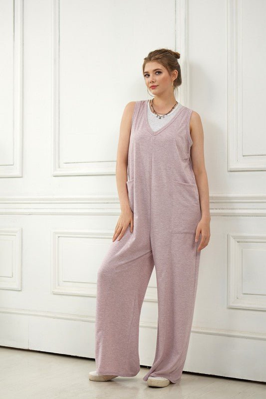 Plus Oversized Patched Pocket V - Neck Jumpsuit - Bitsy Gypsy Boutique
