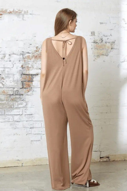 Plus Oversized Patched Pocket V - Neck Jumpsuit - Bitsy Gypsy Boutique