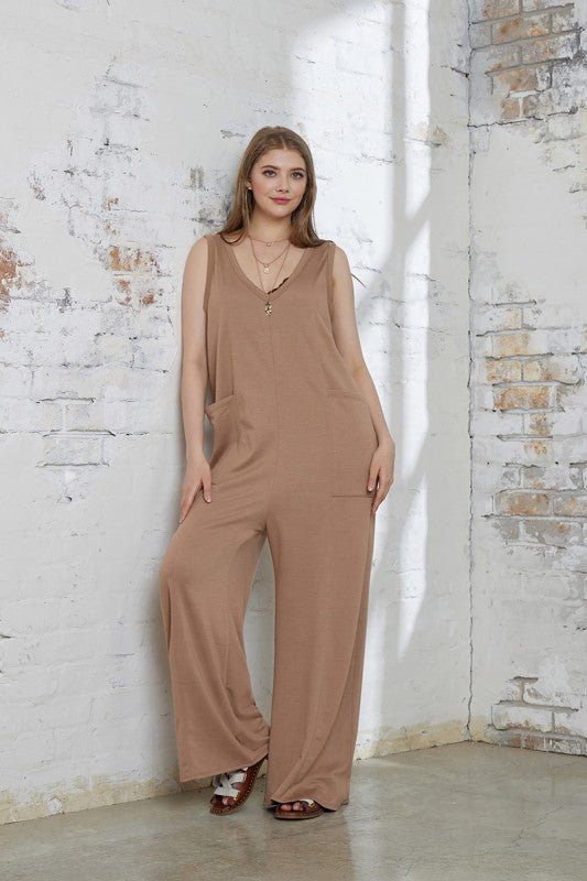 Plus Oversized Patched Pocket V - Neck Jumpsuit - Bitsy Gypsy Boutique