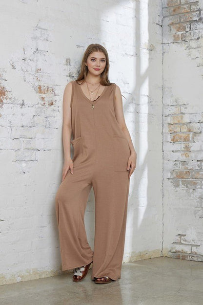 Plus Oversized Patched Pocket V - Neck Jumpsuit - Bitsy Gypsy Boutique